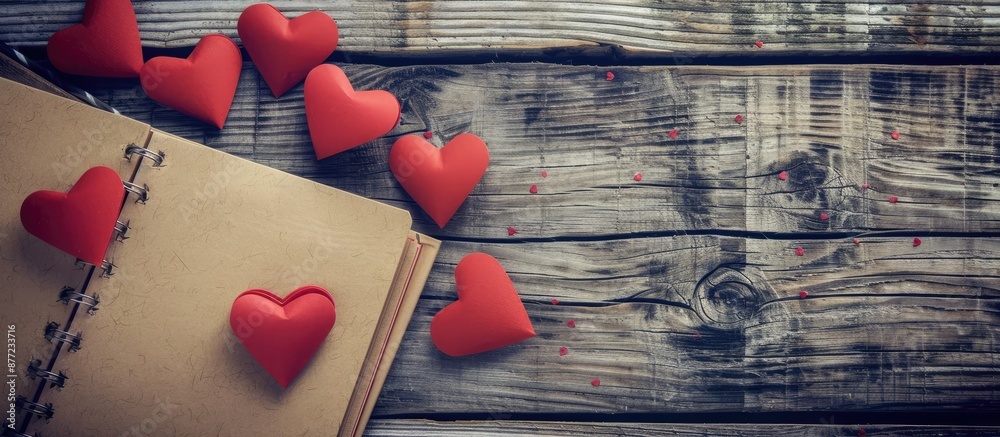 Poster Valentine s Day card displayed with paper hearts and a notebook against an aged wooden backdrop featuring available copy space image