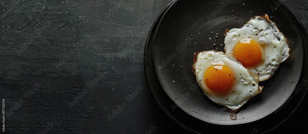 Aufkleber Copy space image featuring fried eggs on a plate set against a dark background enhancing the appeal of the hot and appetizing dish