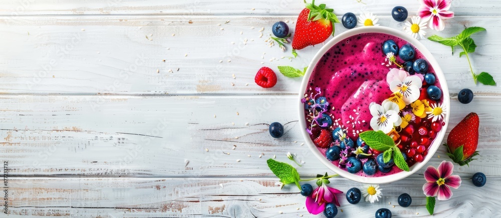 Poster top down view of a delectable smoothie bowl adorned with fresh fruits blueberries and flowers placed