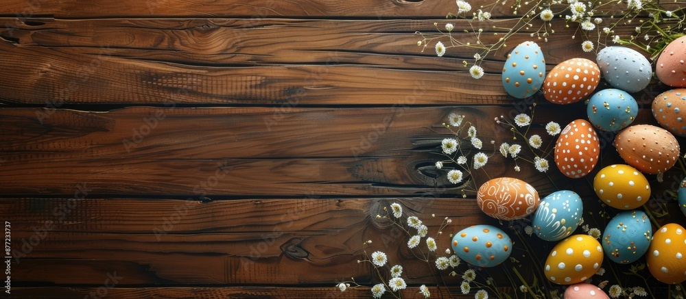 Fototapete Wooden background with Easter eggs creating a festive look with ample copy space image