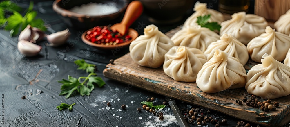 Poster a popular georgian dish meat khinkali is displayed uncooked on a cutting board with ample copy space