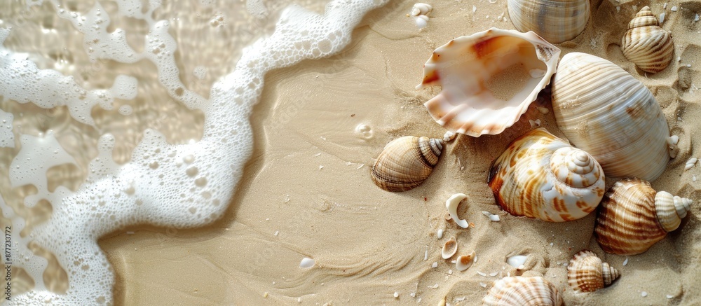 Aufkleber A beach setting with shells on sand textured surface focused copy space image