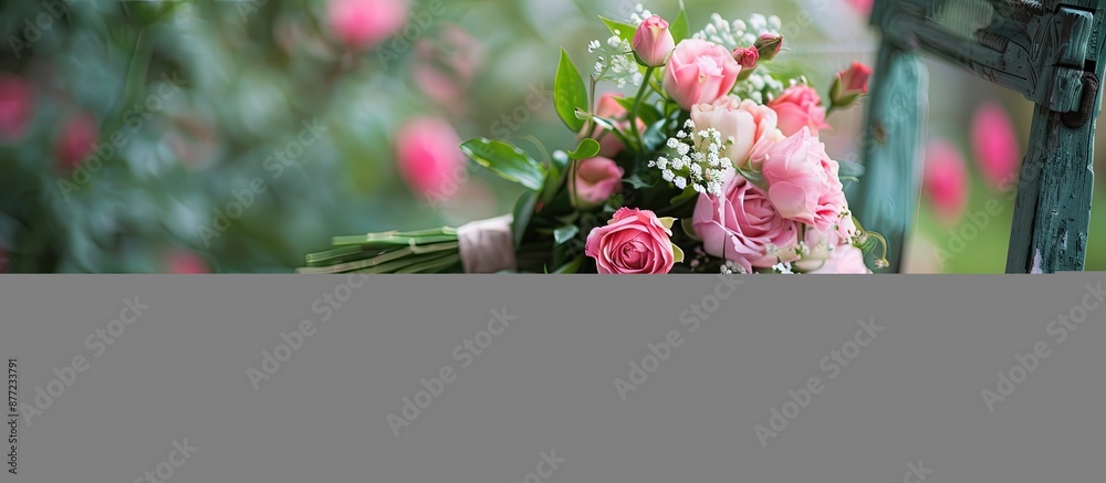 Poster a pink flower bouquet placed on a garden chair with a background perfect for adding text or an image