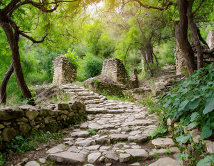 Fototapeta premium Ruins of the ancient city in the deep forest during spring