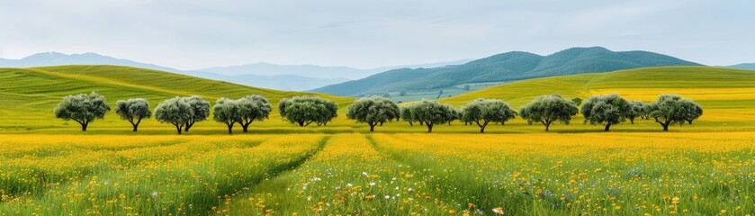 Organic orchard with diverse fruit trees and wildflowers, organic farming methods, biodiversity in agriculture