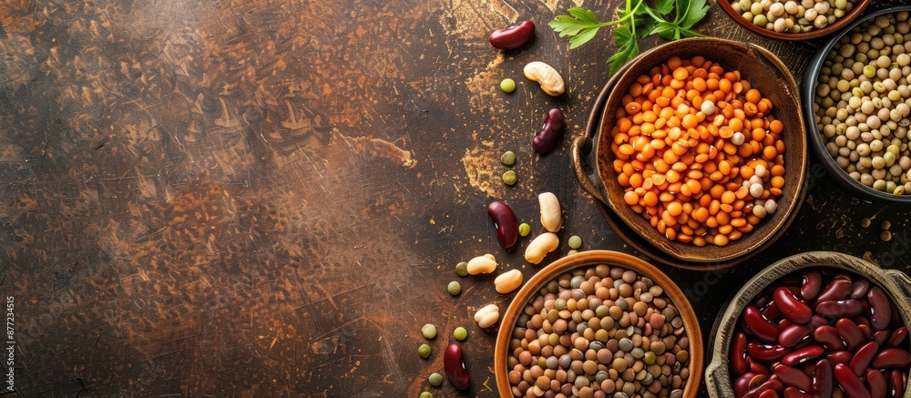Fototapete Various types of legumes like lentils soybeans chickpeas and red kidney beans arranged on a rustic brown table with adequate space for text in a copy space image