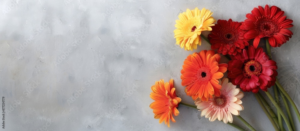 Leinwandbilder gerbera flowers arranged in a frame on a grey background with copy space image