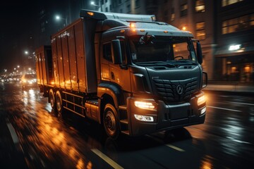 Obraz premium A truck accelerating in the city at night with rear lights giving a speed impres, generative IA