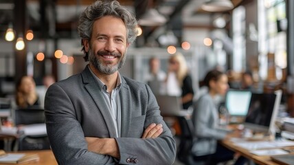 Fototapeta premium Confident businessman standing with arms crossed in modern office, colleagues working at desks in background.