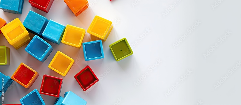 Aufkleber Colorful plastic blocks placed on a white surface seen from above with room for text or graphics in the image. with copy space image. Place for adding text or design