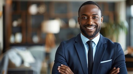 Fototapeta premium Confident young businessman in formal suit standing with arms crossed, smiling in modern office setting.