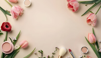 Flat lay composition with different makeup products and beautiful spring flowers on beige background, space for text
