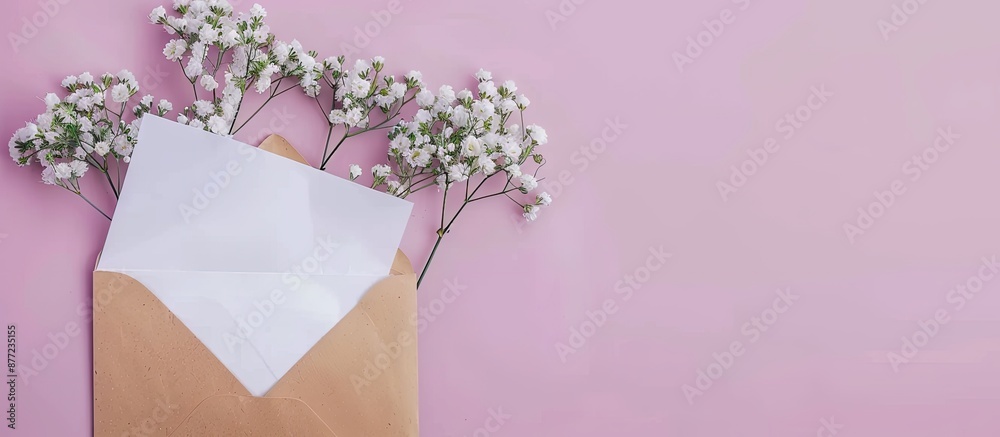 Poster Spring flowers in an envelope and white sheet on a violet background convey a message of love in this copy space image