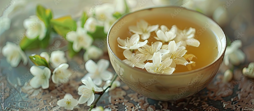 Leinwandbilder A cup of fragrant jasmine tea accompanied by jasmine flowers in a serene setting for a peaceful and aromatic experience. with copy space image. Place for adding text or design