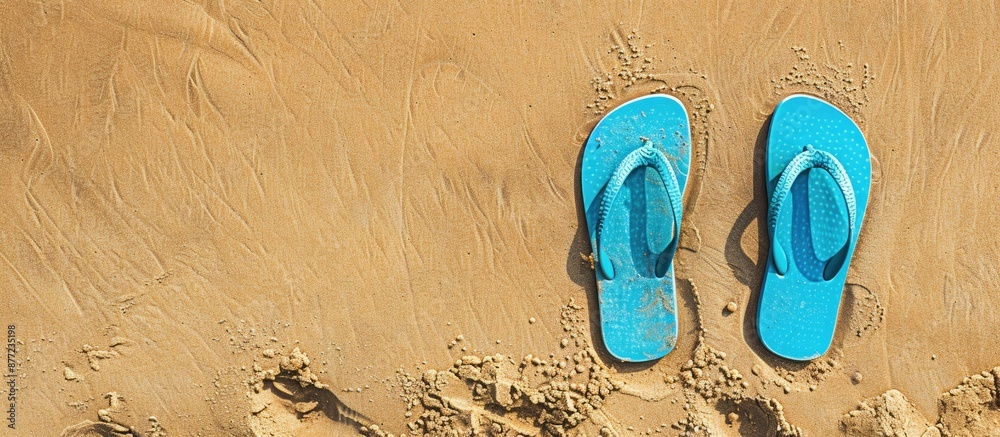 Aufkleber overhead view of blue flip flops on a sandy beach with a designated copy space image