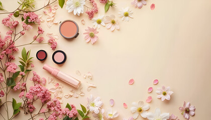 Flat lay composition with different makeup products and beautiful spring flowers on beige background, space for text