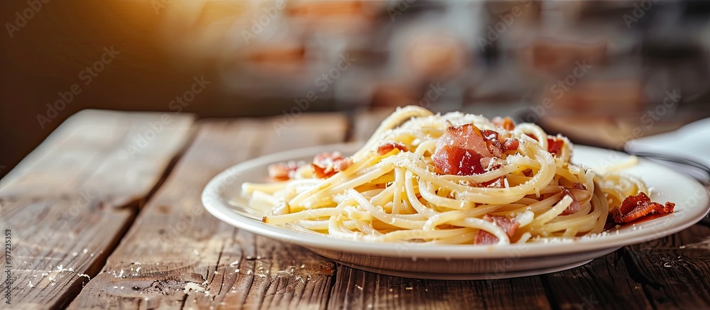 Poster Plate of spaghetti carbonara with white sauce ham and bacon on a wooden table with a background suitable for adding text or an image. with copy space image. Place for adding text or design