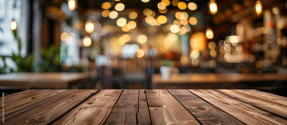 Leinwandbilder a brown wooden table with copy space image to feature products against a blurred coffee shop backgro
