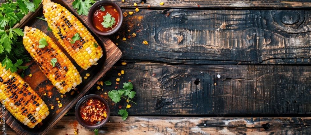 Poster top view of mexican grilled corn cobs with sauce and coriander on rustic wooden backdrop emphasizing