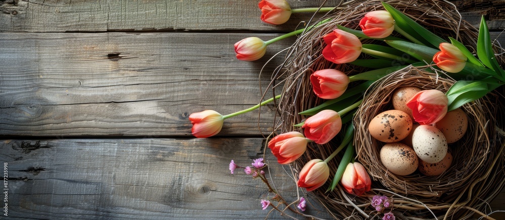 Fototapete Easter themed greeting card with eggs in a nest tulips and rustic wood background ideal for adding text within the copy space image