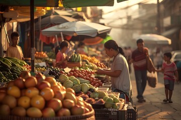 Obraz premium Bustling Outdoor Market with Vibrant Produce Displays and Engaged Shoppers