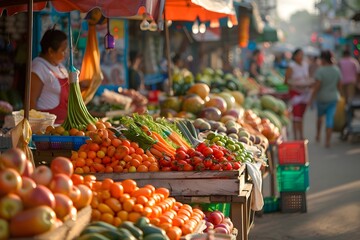 Obraz premium Vibrant Outdoor Market Stall With Diverse Fresh Produce