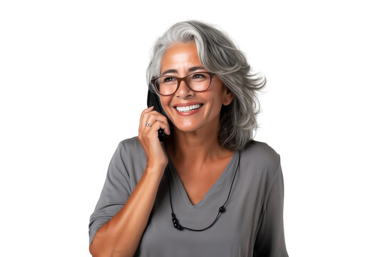 Portrait of a smiling senior woman talking on cell phone, isolated on transparent background