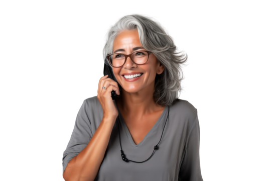 Portrait of a smiling senior woman talking on cell phone, isolated on transparent background