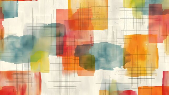 Subtle grid design in soft earth tones with bright, playful splashes of color set against a pure white canvas, perfect for a modern, understated look.