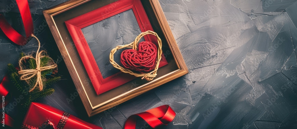 Poster Aerial photo of a wooden frame with red paper a gift box and a rattan heart on a grey backdrop ready for your design with copy space image