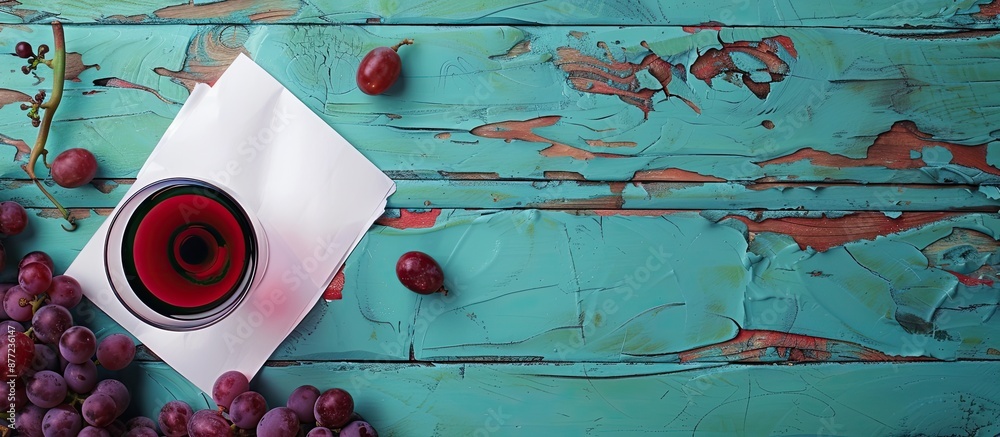 Aufkleber a colorful image capturing a glass of red wine grapes and paper on a turquoise wooden background ide