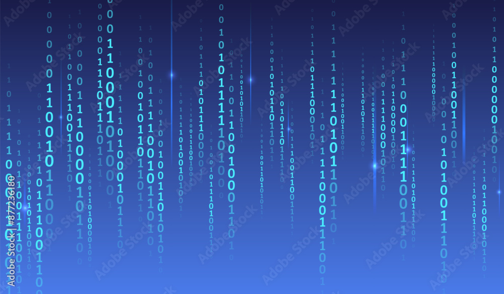 Poster Computer background of numbers. Flying data illustration. Analytics, sorting, structuring, transferring information. Blue background with data flow. Binary code, artificial intelligence. Program code.