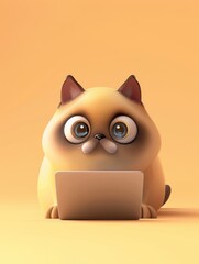 cute cartoon cat working on laptop computer, digital technology, internet, social media, home office, funny animal illustration.
