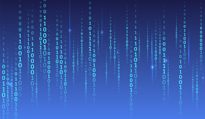 Computer background of numbers. Flying data illustration. Analytics, sorting, structuring, transferring information. Blue background with data flow. Binary code, artificial intelligence. Program code.