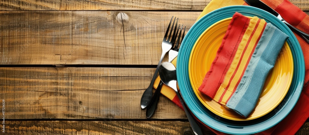 Fototapete Top down view of a restaurant menu setting featuring an empty plate cutlery and colorful napkin on a wooden background designed with copy space image