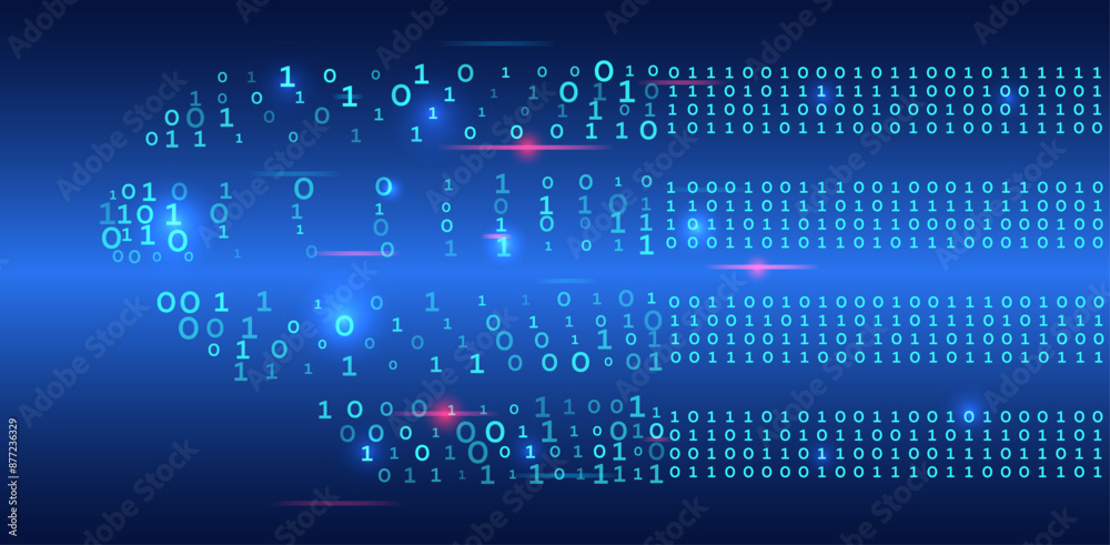 Poster Analytics, sorting, structuring, transferring information. Blue background with data flow. Binary code, artificial intelligence. Program code. Computer background of numbers. Flying data illustration.