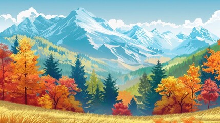 Vibrant autumn landscape with colorful trees, snow-capped mountains, and clear blue sky. Perfect nature scenery for backgrounds. - Powered by Adobe