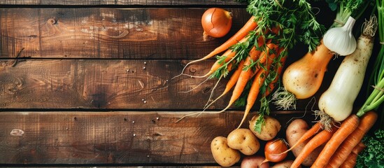 Fresh vegetables like raw potatoes onions carrots and green bunches arranged on a dark wooden backdrop create a harvest themed flat lay composition with room for text in the image