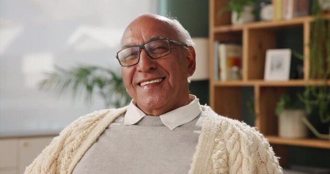 Relax, smile and face of elderly man at retirement home for peace, satisfaction and joy on weekend. Happy, senior person and laughing in living room for comedy, humour and funny meme in morning