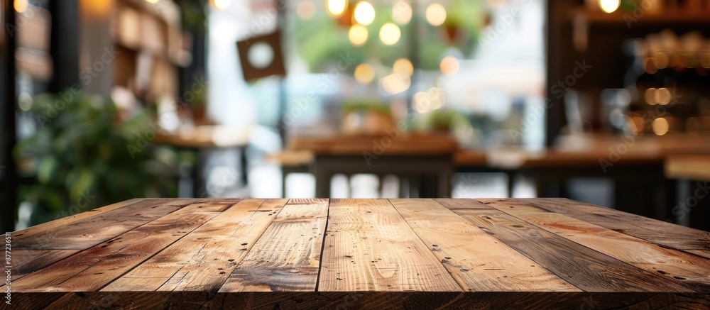 Aufkleber An empty brown wooden table with selective focus for displaying products featuring a blurred coffee shop background with bokeh copy space image