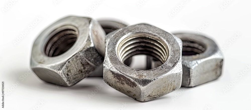 Aufkleber Close up studio macro photograph of a set of steel nuts on an isolated white background showing scratches with copy space image