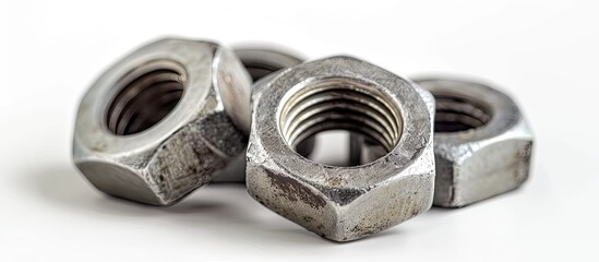 Close up studio macro photograph of a set of steel nuts on an isolated white background showing scratches with copy space image