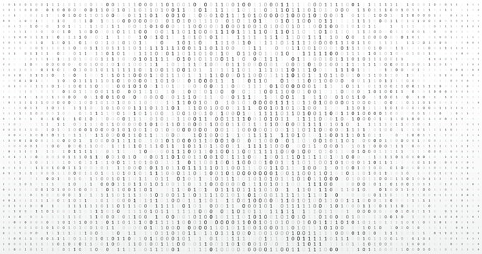 Computer background of numbers. Flying data illustration. Analytics, sorting, structuring, transferring information. Gray background with data flow. Binary code, artificial intelligence. Program code.