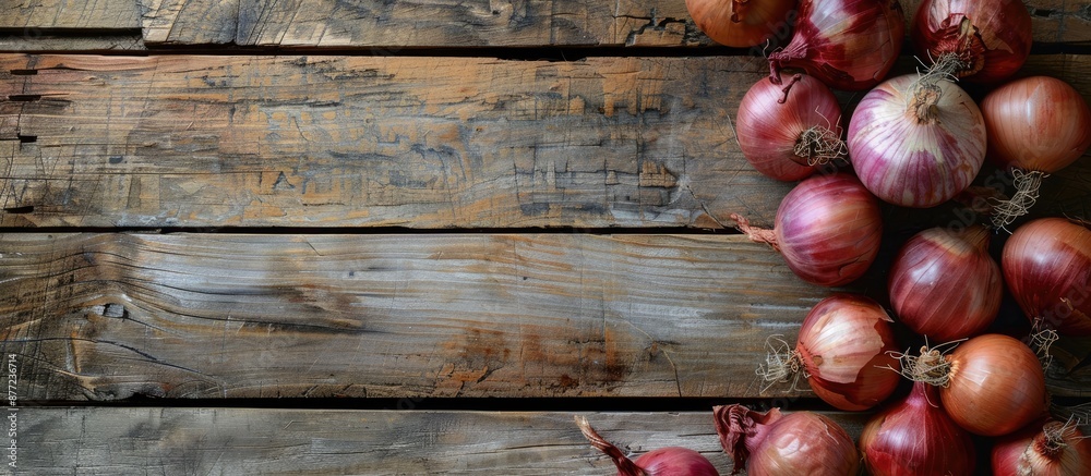 Poster Old rustic wood table background with Spanish onions creating copy space image