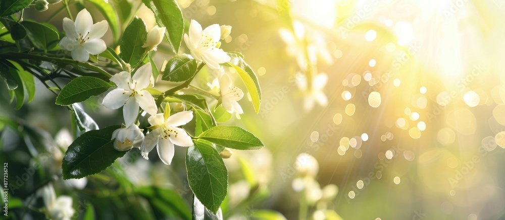 Aufkleber Soft focus on a springtime branch adorned with delicate white jasmine flowers set against a sunny backdrop Ideal for a banner with copy space image