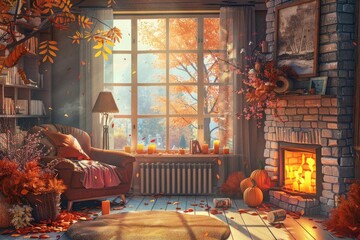 Naklejka premium Cozy autumnal living room with a fireplace, pumpkins, and warm decor, evoking a serene and relaxed atmosphere during the fall season.