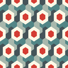 Honeycomb seamless pattern. Hexagon mosaic tiles ornament. Ethnic surface print. Repeated geometric figures background. Ornamental wallpaper. Modern geo design digital paper. Vector abstract art