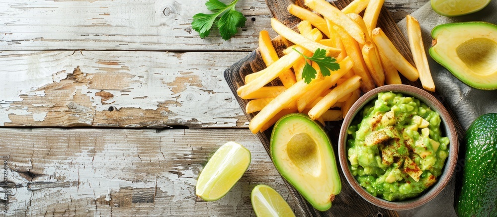 Poster White wooden table set up with a serving board holding French fries guacamole dip and avocado providing ample copy space for an image
