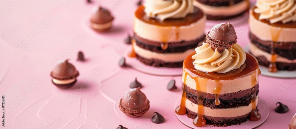 Aufkleber patisserie concept with delectable caramel and chocolate cakes adorned with mascarpone on a pink bac