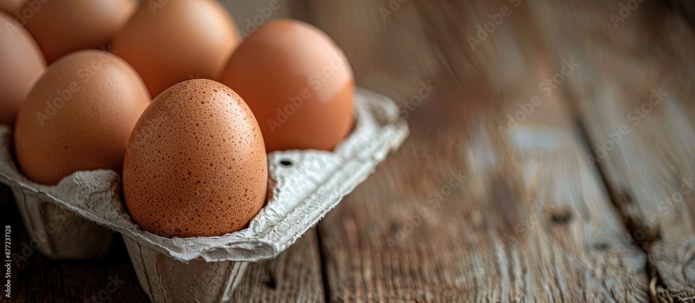 Fototapete Focused on eggs in a carton displaying with copy space image